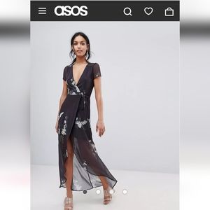 Maxi sheer wrap dress asos size 4 small floral grey blue hope and ivy bird prom